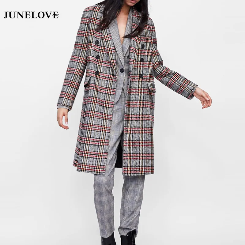 Женское двубортное пальто JuneLove винтажное повседневное в клеточку с длинным
