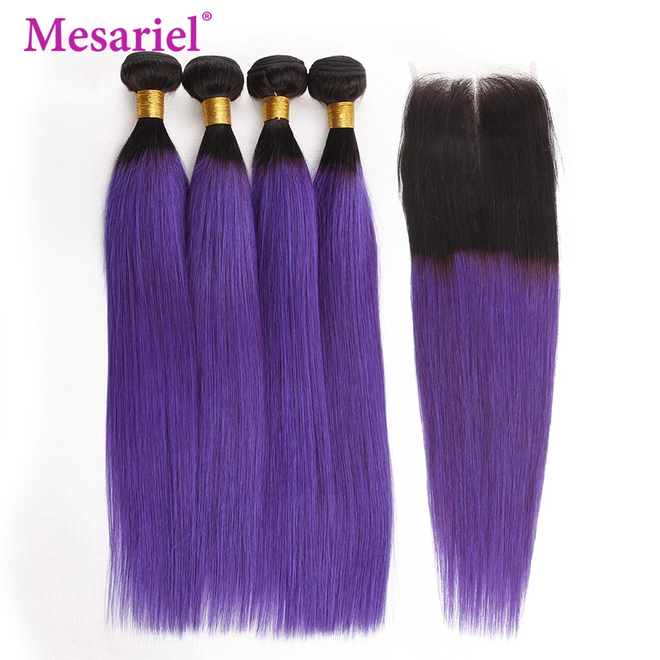 Mesariel Human Hair Bundles with Closure Ombre 1B Purple Brazilian Straight Weave Extension 4 Remy | Шиньоны и парики