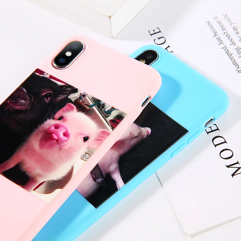 USLION Candy Color Cartoon Pig Phone Case For iPhone X XS XR Xs Max Cases 6 6s 7 8 Plus 5 5s SE Couples Soft TPU Cover |