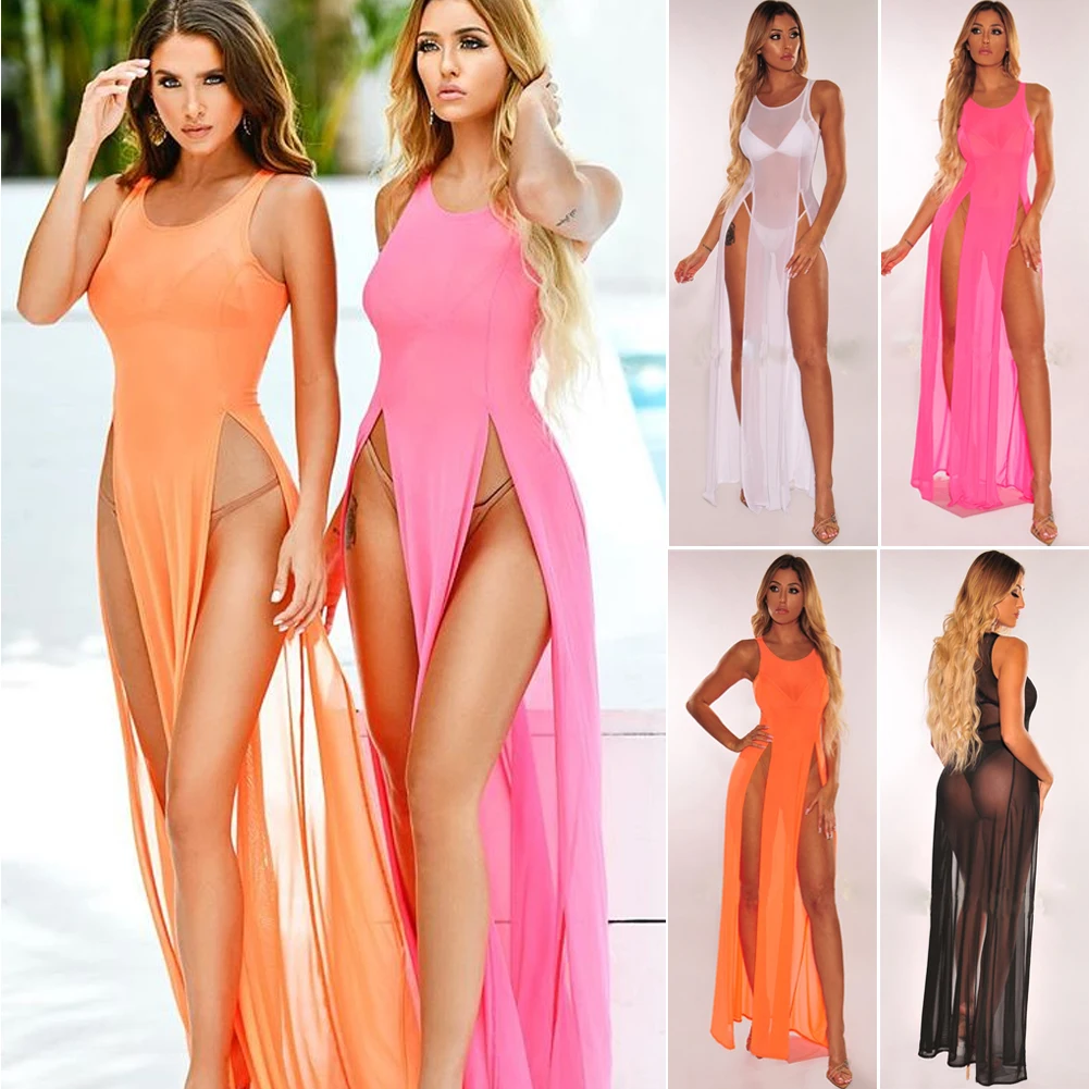 US Women Boho Long Maxi Dress Evening Party Beach Split Dresses Summer Sundress | Женская одежда