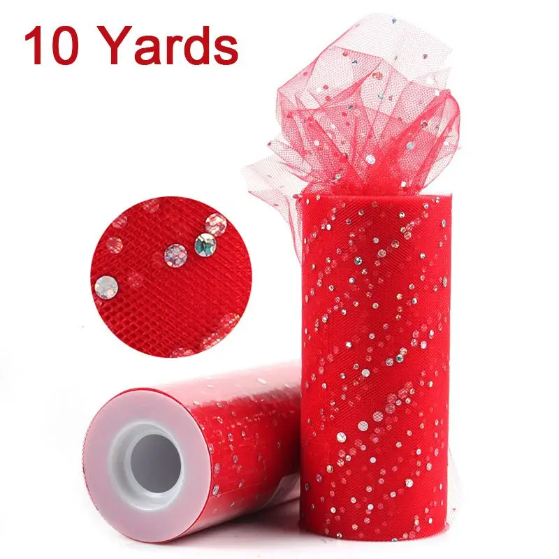 Sequin 10yrds red FENGRISE Блестящий рулон тюля с блестками 10 25 ярд 15 см катушка пачка Свадебная отделка органзы лазер DIY ремесло день рождения поставки - Цвет: Sequin 10yrds red