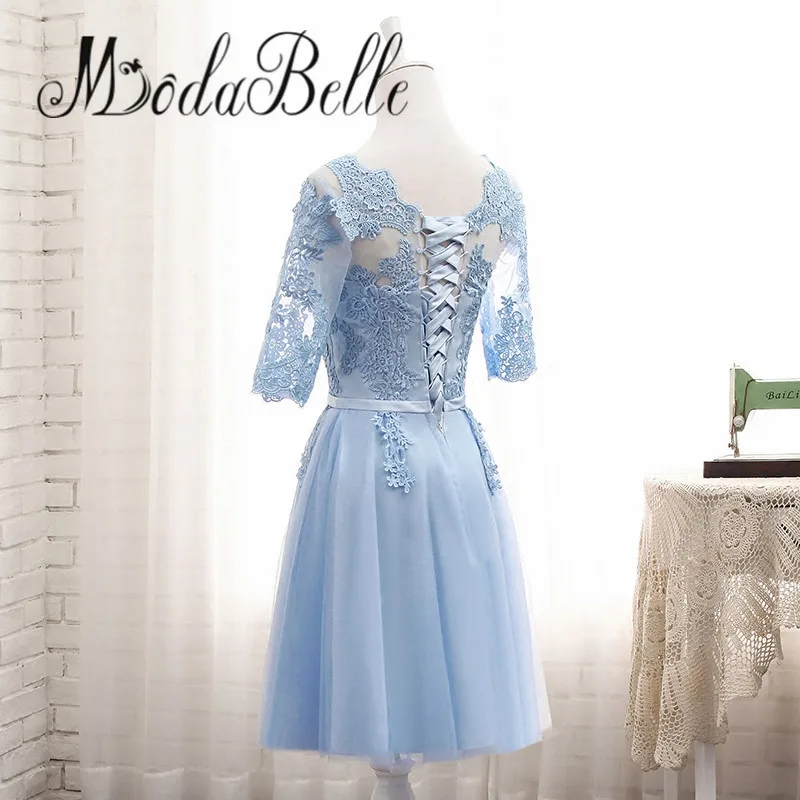 Short Modabelle длинное кружевное голубое платье подружки невесты с рукавами Sukienki Weselne Дешевое платье для вечеринки fast D'honneur Быстрая - Цвет: Short