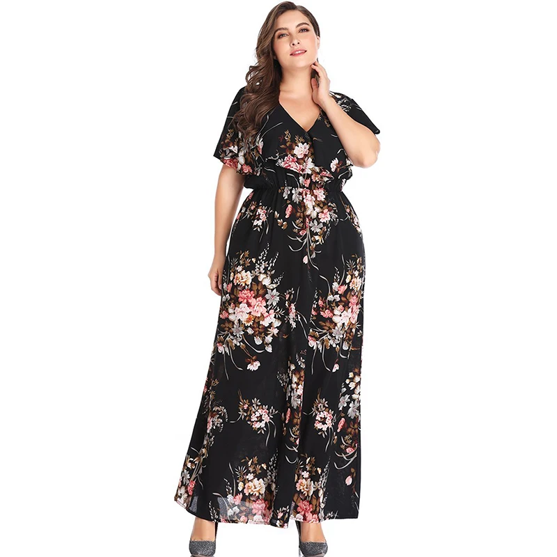 Sexy Plus Size Women Maxi Dress 4XL 5XL Big Long Dresses Elastic Waist Female Floral Printed Vestidos Boho A Line | Женская одежда