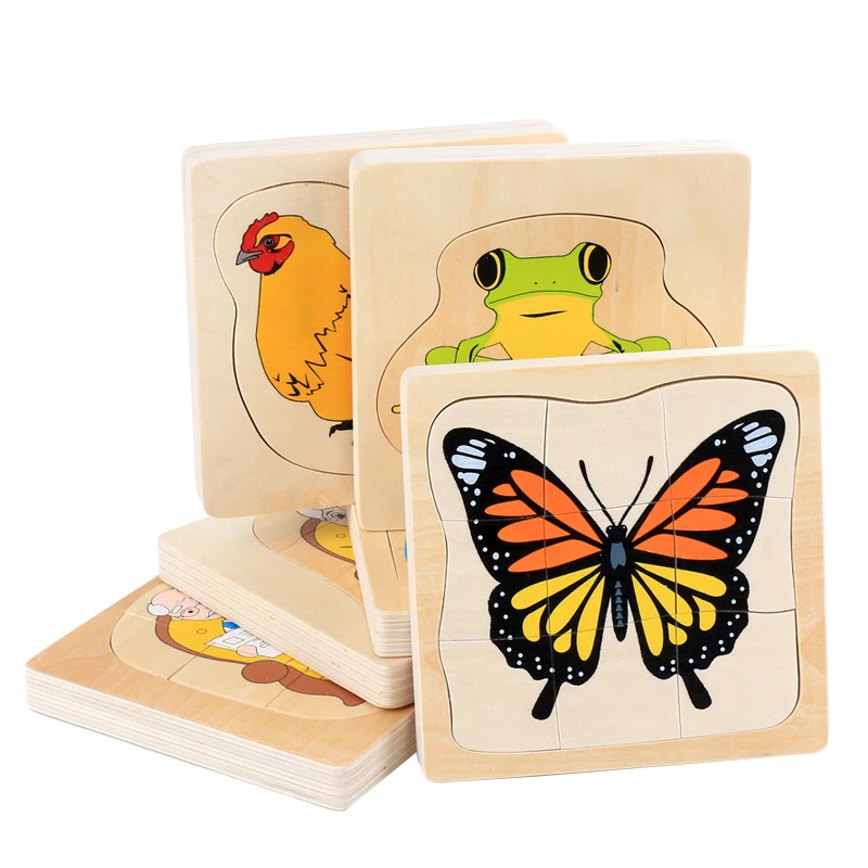 Kids Montessori Wooden Toys 3D Puzzle Life Cycle of Animals Plant Chock Frog Butterfly Sunflower Man Woman Baby Toy for Infant