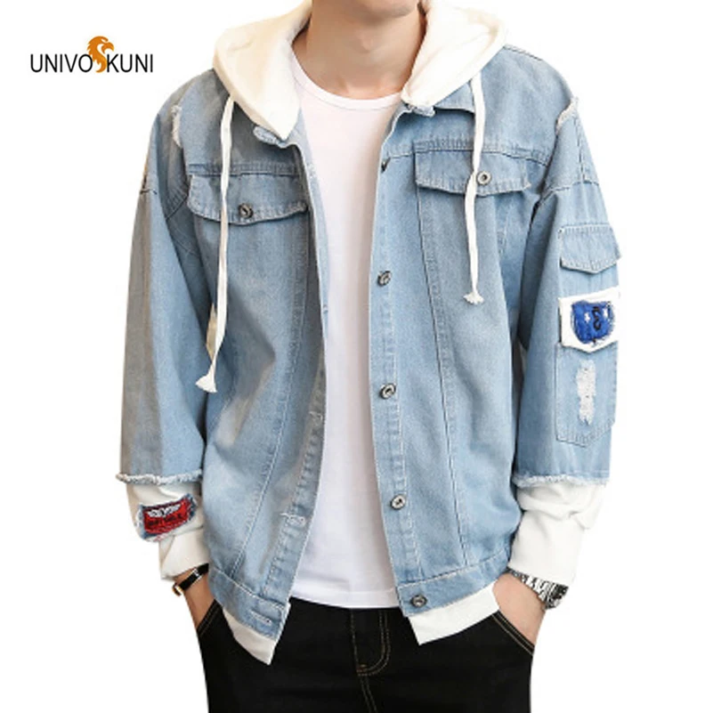 UNIVOS KUNI/2019 Новая мужская джинсовая куртка на весну и осень имитация двух предметов