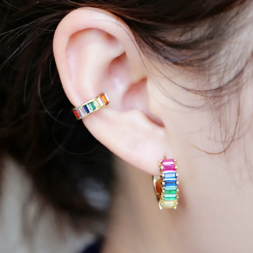 Brand New Cubic Zirconia Baguette Stones hoop Ear Earrings Shinning Wedding Earrings delicate colorful rainbow cz earringS