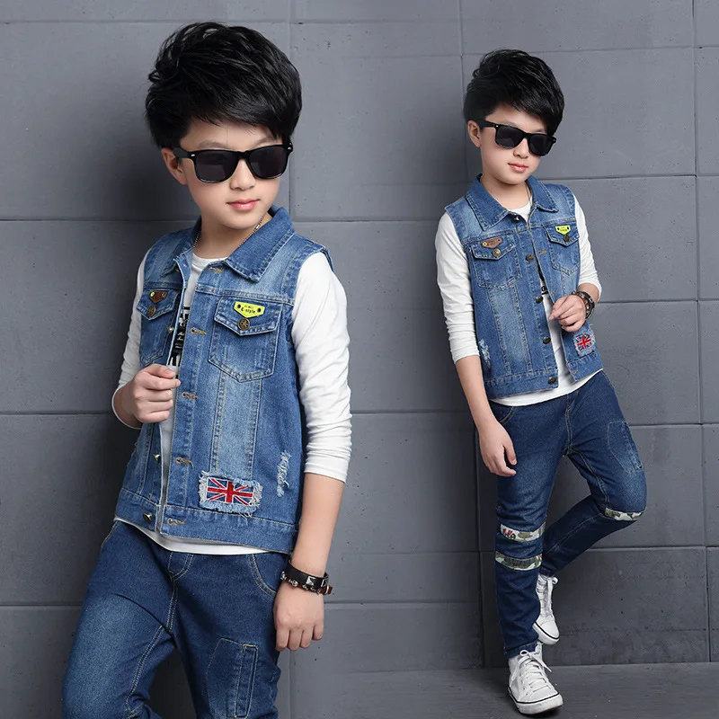 Осенние повседневные джинсовые жилеты для мальчиков модные детские с отложным