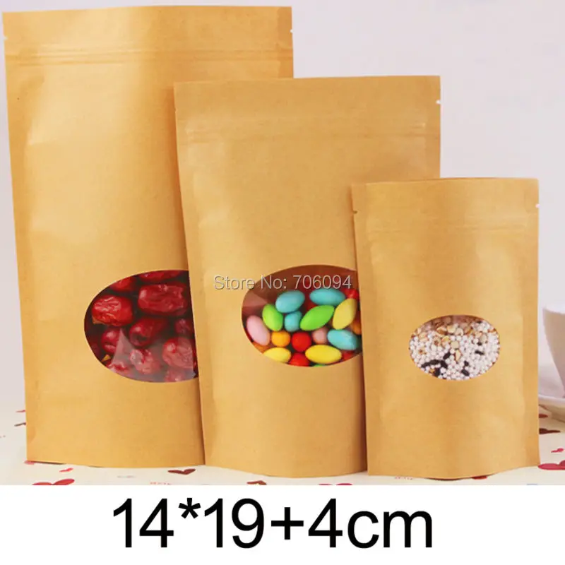14*19+4cm,200PCS StandUp Blank brown Zipper Kraft bag,Candy/Coffee/Tea/gift Kraft paper bag with oval window,FreeShipping