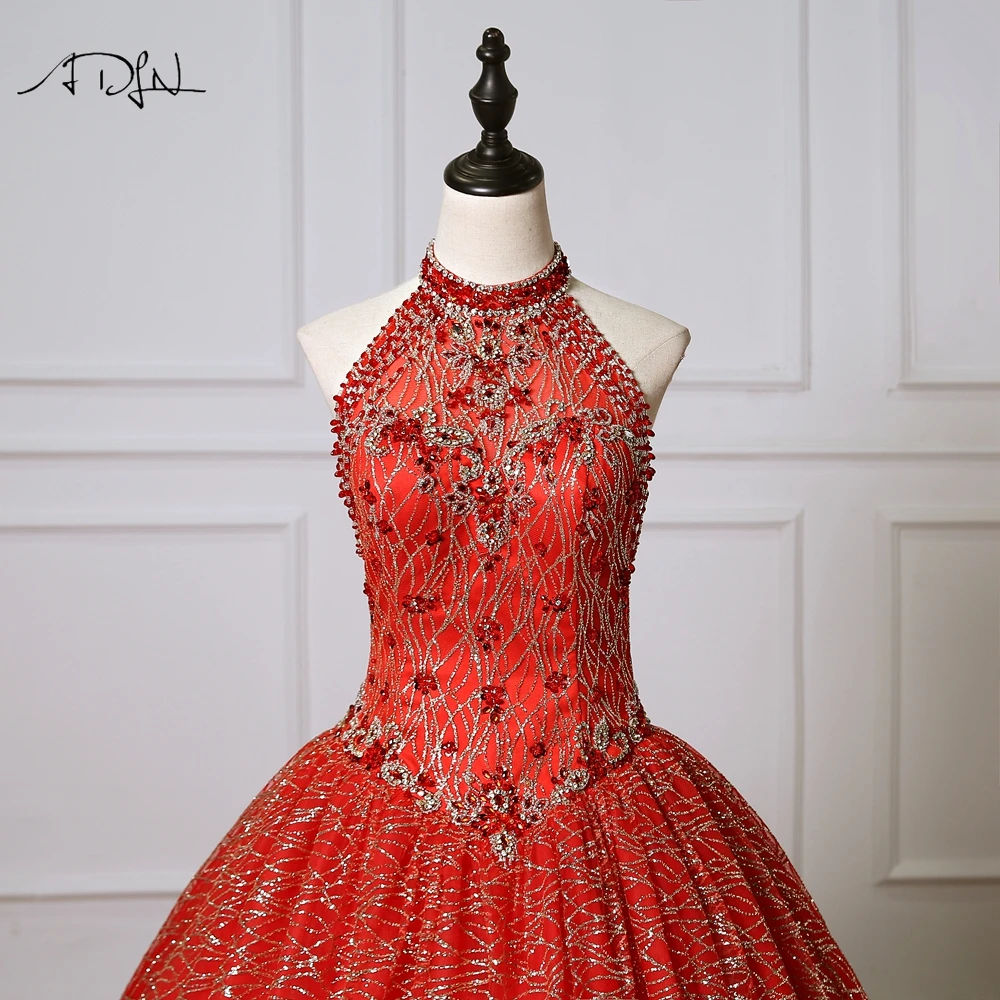 ADLN Великолепный красный Vestidos de Quinceaera бальное платье с лямкой на шее Robe de Bal Роскошные Кристаллы Сверкающее платье для светской львицы