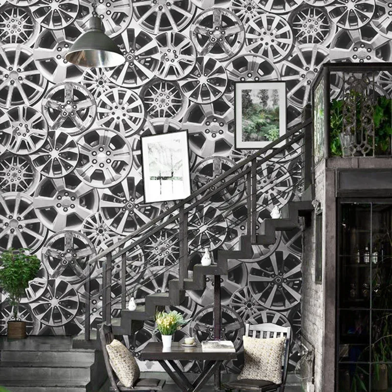 

Vintage Industrial Wind Metal Gear PVC Wallpaper Personalized Restaurant Clothing Store Simulation Wheel Hub Wallpaper