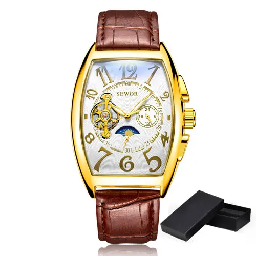 2 with box SEWOR, новинка, черные, золотые, Tonneau Tourbillon, автоматические механические часы для мужчин, ремешок из натуральной кожи, мужские часы, мужские наручные часы - Цвет: 2 with box