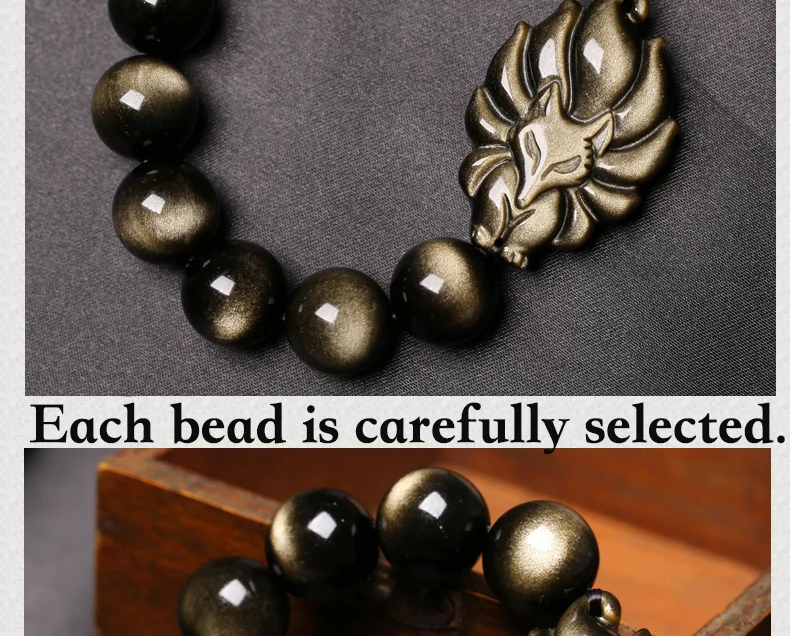Натуральный камень Золотой обсидиан Strand Fox beads браслет и браслет ювелирные изделия 8-16 мм Nine-Taile круглые бисерные браслеты для женщин/мужчин