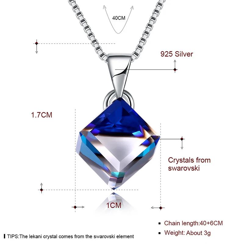 LEKANI Crystals From Swarovski Blue Cube Pendant Necklace Simple Trendy Collars Real S925 Silver Fine Jewelry For Women Girls | Украшения и