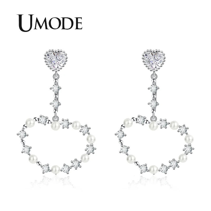 

UMODE Korean Heart Drop Earrings for Women Zircon Vintage Pearl Earring Wedding Gift Statement Fashion Jewelry Accesories UE0483