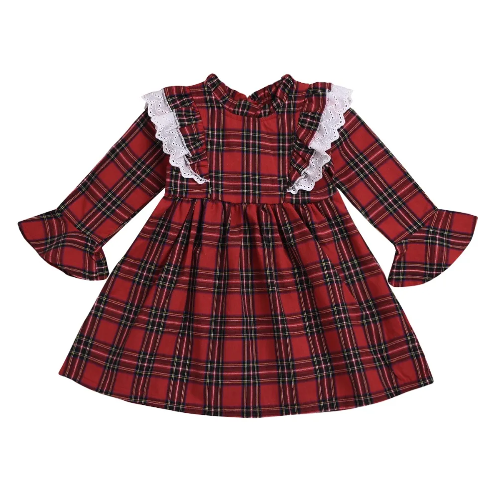 

Kid Baby Girl Fall Winter Red Plaid Dress Flare Sleeve Bebe Girl Party Pageant Dresses Clothes