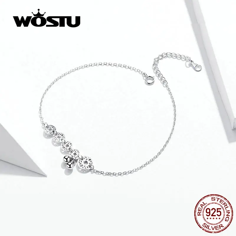 WOSTU круглая монета с шариком, цепочка на ногу, 925 пробы, серебряный браслет из бисера, для женщин, для ног, модные ювелирные изделия CQT006