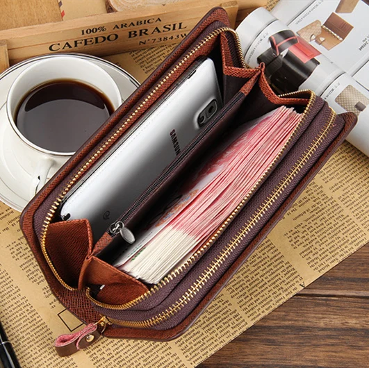 

High quality PU Leather Men Wallets Phone Pocket Baellerry Large Capacity Double zipper Long Male Clutch Coin Purse Card Holder