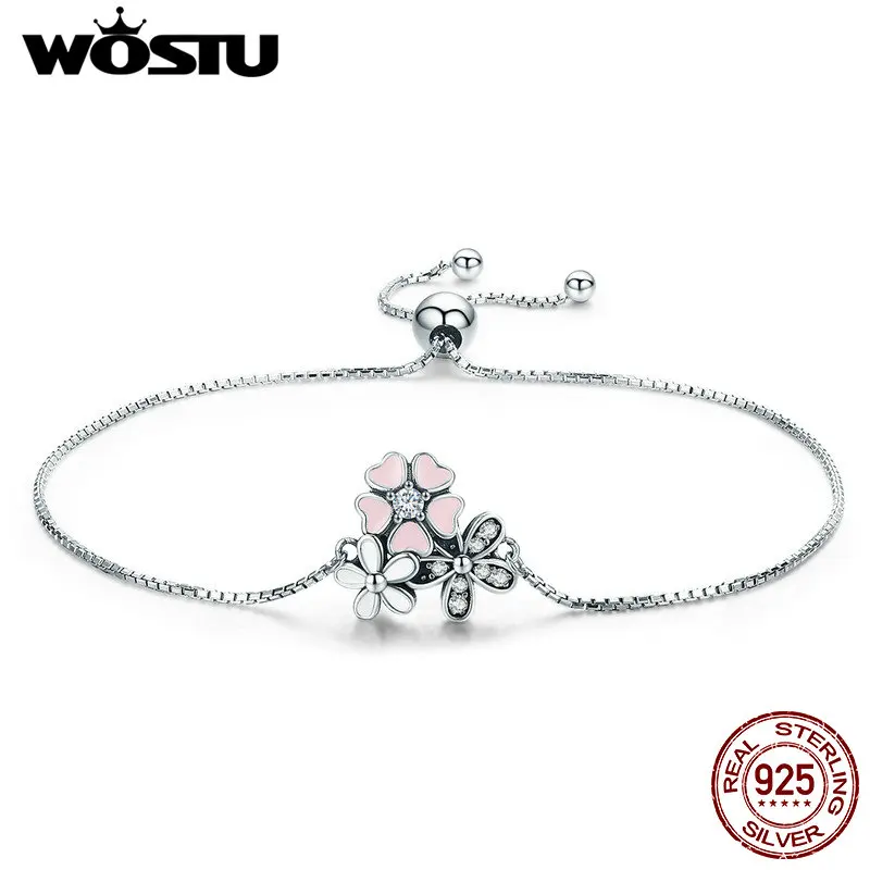 WOSTU, весна, новинка, 925 пробы, серебро, вишня, цветок ромашки, цепочка, звено, женский браслет, Стерлинговое Серебро, ювелирное изделие, подарок, CQB055