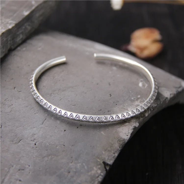 

S925 Sterling Silver Ethnic Style Retro Thai Silver Open Ended Chiang Mai Handmade Men And Women Bangle