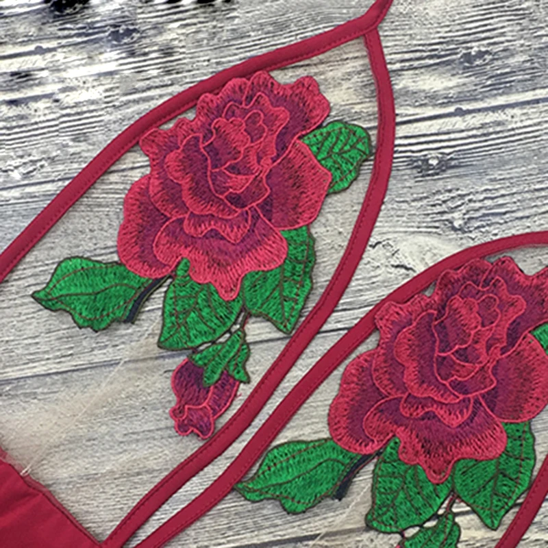 

Sexy Rose Embroidery Overalls See Through Beach Bodysuits Women Stretch Jumpsuit Halter Rompers Nice Vogue Swimsuit Red Wine
