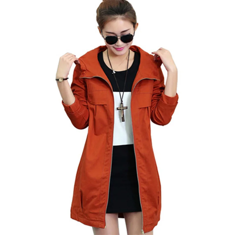 

New Spring Autumn Women Trench Coat Korean Loose long Hooded Outerwear Solid Zipper Plus Size M-4XL Cotton Windbreaker Female710