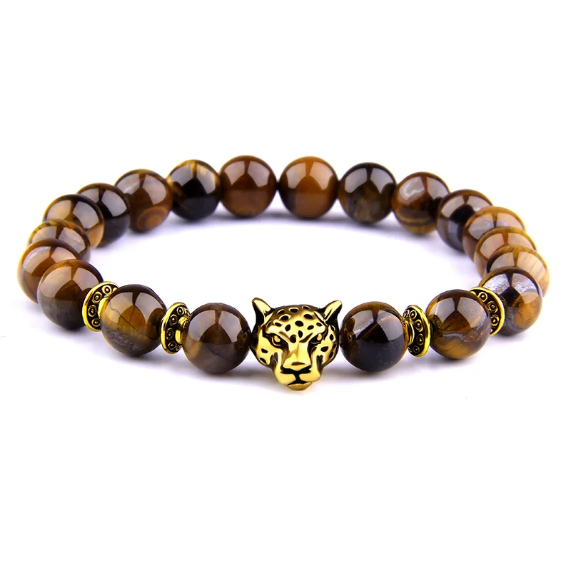 Fashion couples bracelet Gold Silver Leopard Head charm Bracelet Natural Yellow Tiger Eye Beads Bracelets for Men Women | Украшения и