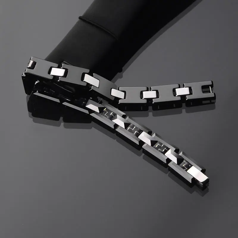 Мужской черный браслет из керамики и вольфрама H Style инкрустация углеродного