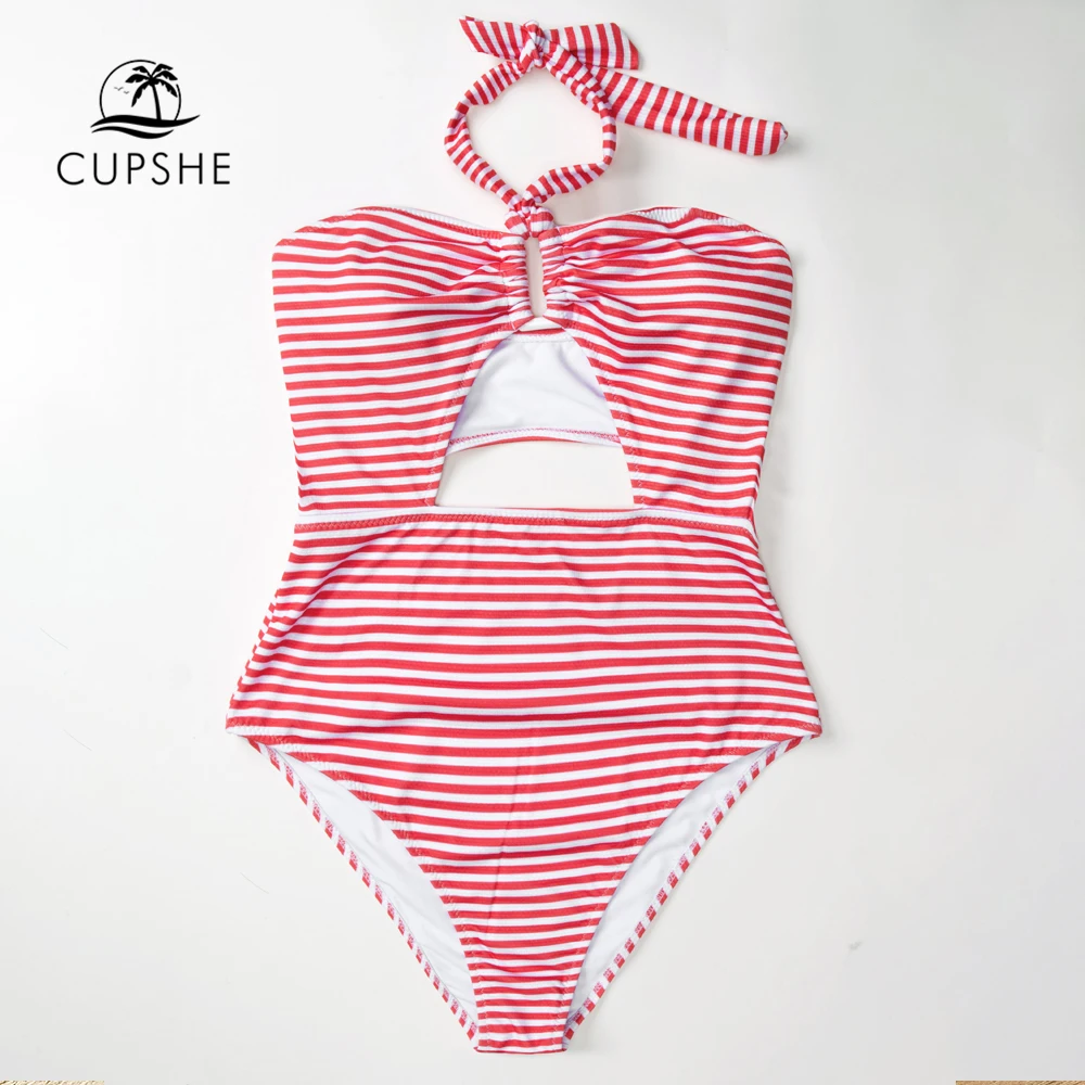CUPSHE красный и белый полосатый Холтер цельный купальник женский Вырез Монокини