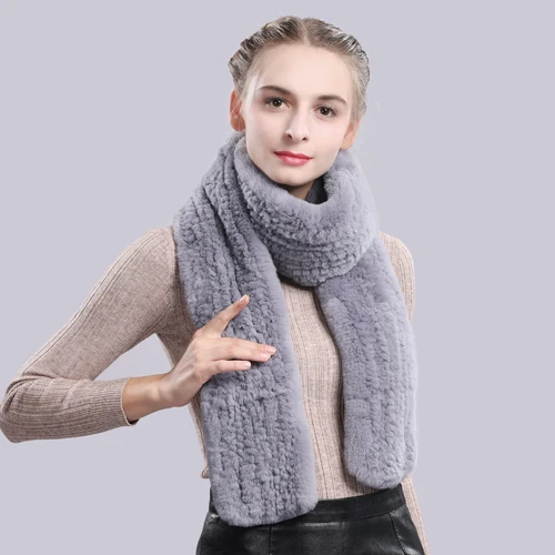 light gray Длинный стильный настоящий шарф из меха кролика рекс Женский Зимний вязаный Настоящий мех кролика шарфы для женщин мех кролика Рекс Кольцо Шаль - Цвет: light gray