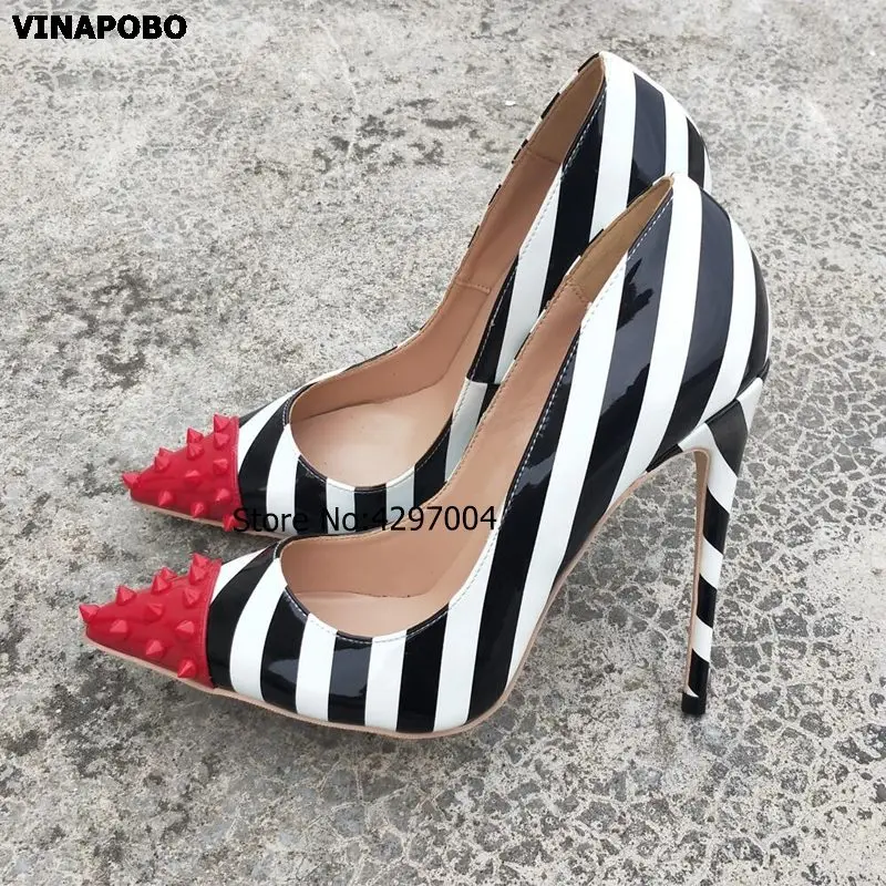 10cm Vinapobo/; Разноцветные туфли-лодочки с заклепками; цвет белый, черный; дизайнерские женские туфли на высоком каблуке-шпильке из лакированной кожи для вечеринки и свадьбы; туфли-лодочки с закрытым носком - Цвет: 10cm