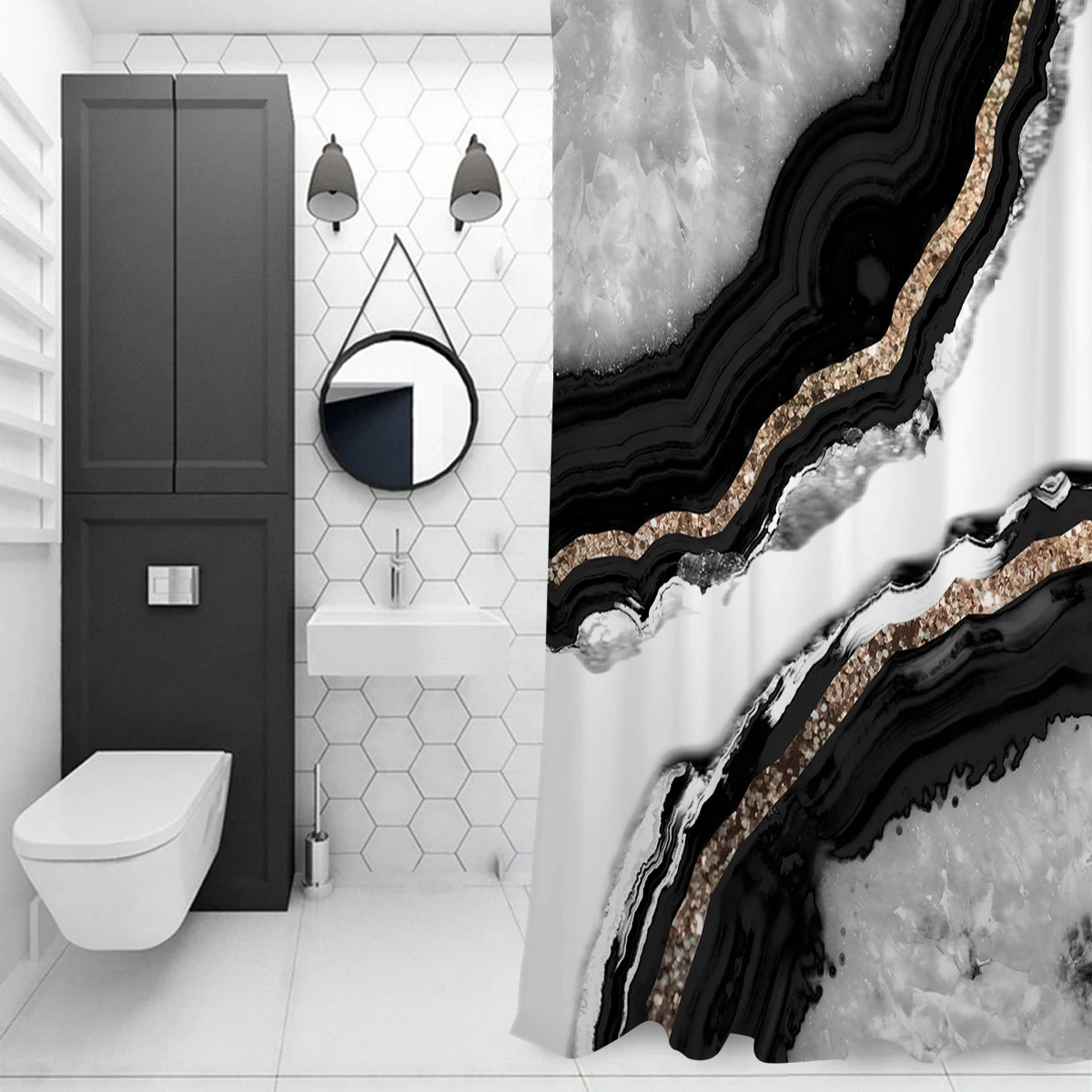 

Agate Glitter Glam Extra Long Fabric Bath Shower Curtains Bathroom Decor Sets with Hooks Polyester Home Decoration