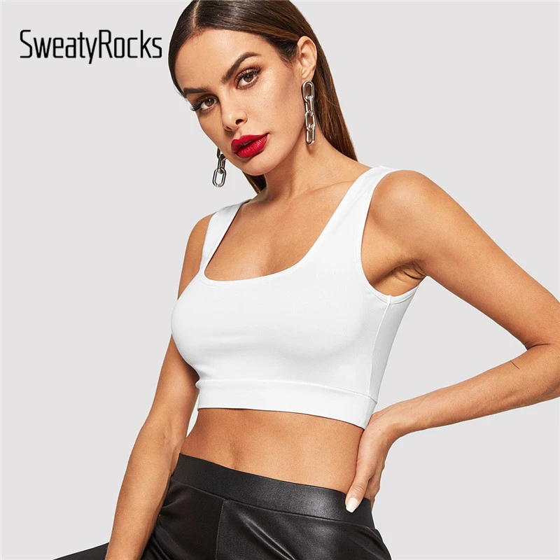 Solid Crop Tank Top, топ для фитнеса с глубоким вырезом, одежда для активного отдыха, обтягивающий спортивный бюстгальтер, летний модный женский топ для тренировок, белый укороченный топ