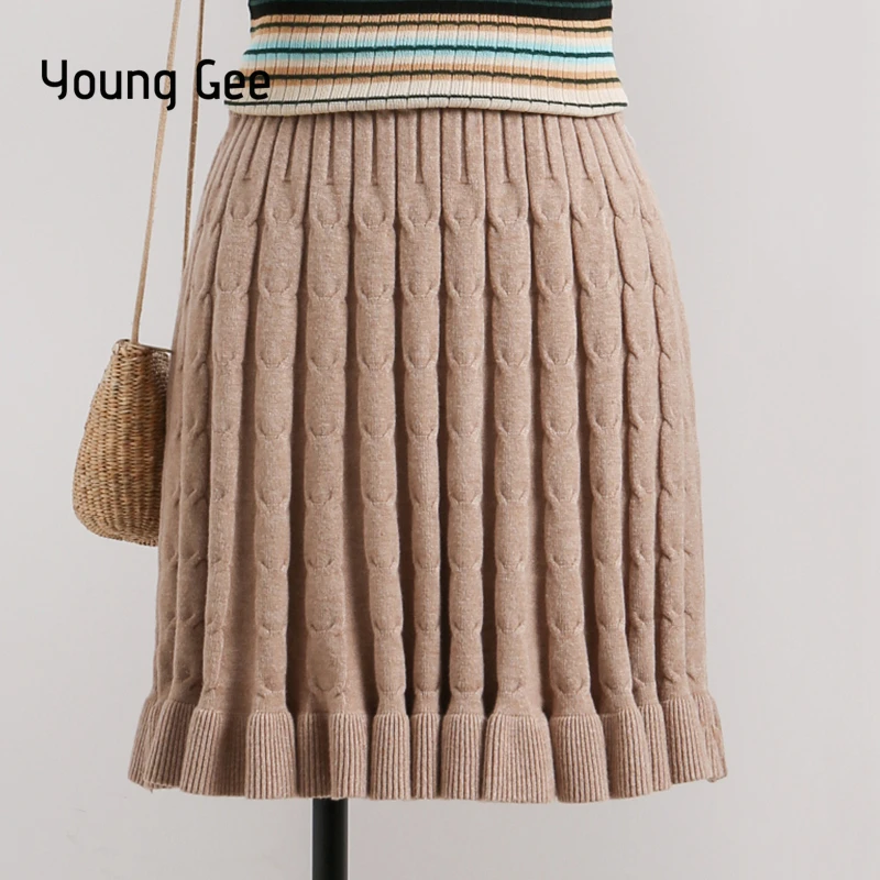 

Young Gee New Women's Pleated Mini Skirt Fashion Elegant Autumn Winter Knitted Dough Twist Elastic Waist Ruffles Skirts faldas