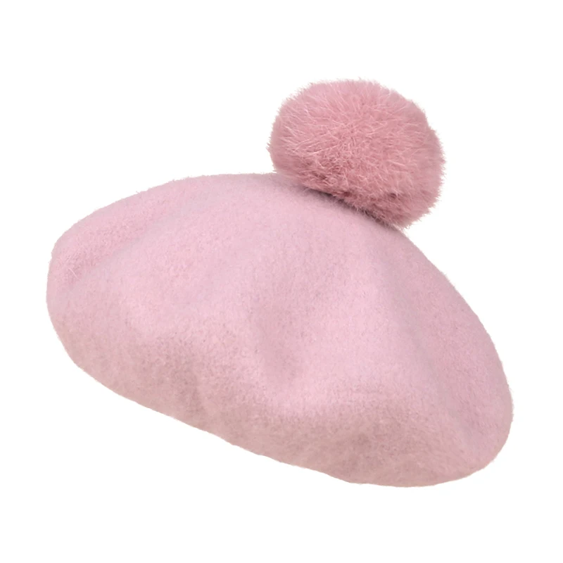 Женская шапка берет FS розовая шерстяная фетровая с помпоном шапки бини зимняя