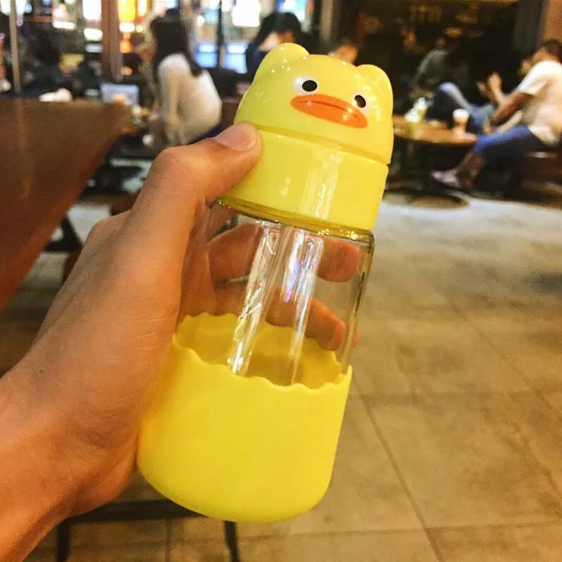 Yellow Duck 320 мл бутылочка для кормления ребенка воды бутылка с соломинкой Для маленьких детей Стекло Портативный с шнековой крышкой крышка ползунка для чашки бутылка для детей - Цвет: Yellow Duck