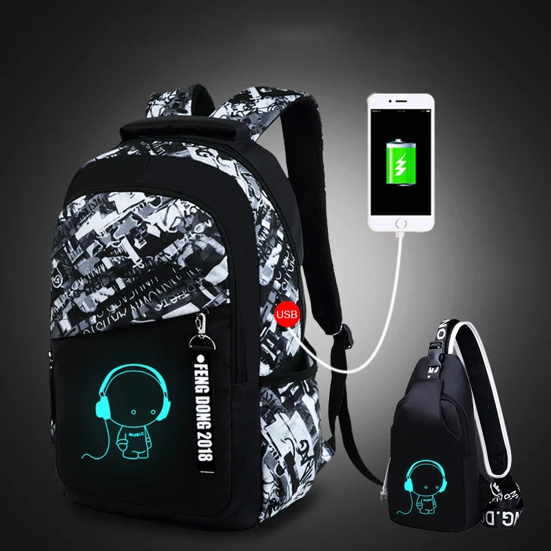Black white suit Lukatu человек USB школьная сумка тренд студенческий рюкзак для ноутбука для мальчиков-подростков, 2 шт./компл. Doodle шаблон Школьный Рюкзак многофункциональные сумки - Цвет: Black white suit