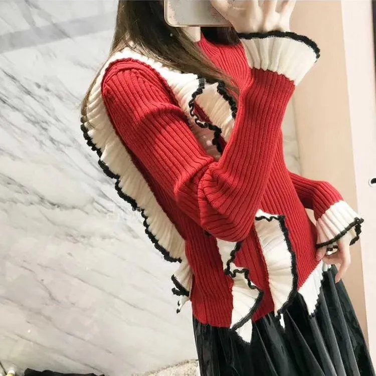 2018 осенне-зимние новые Лоскутные Повседневные свитера с рюшами круглый вырез