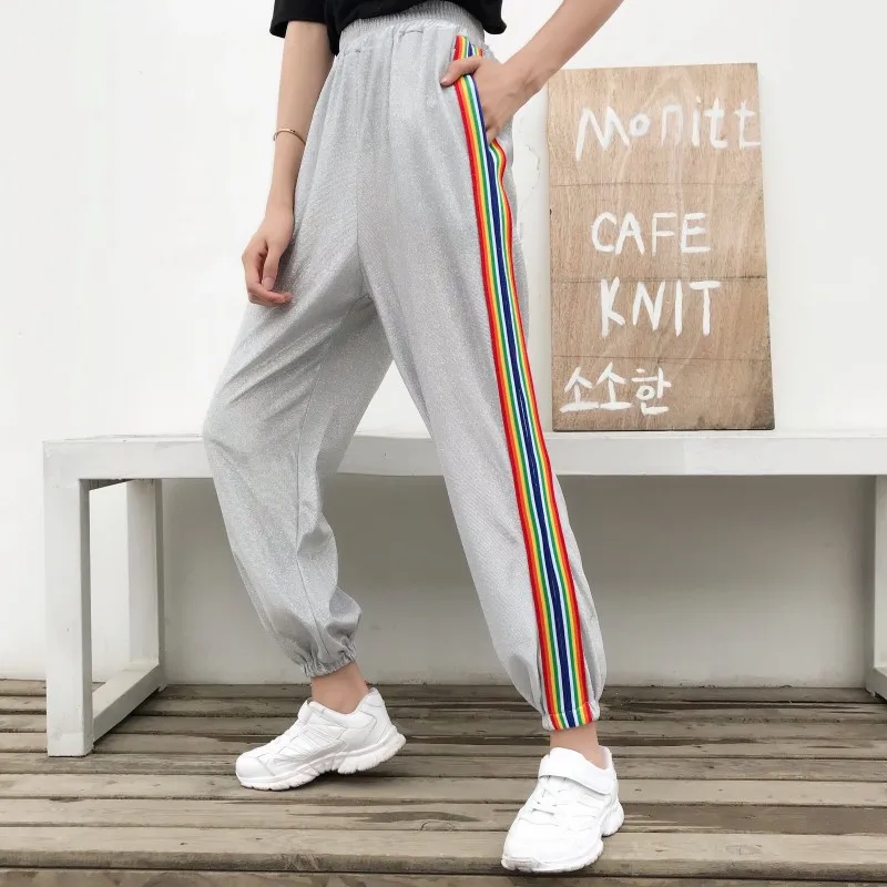 Женские брюки 2019 летняя одежда женские корейский стиль Ulzzang Harajuku радужные