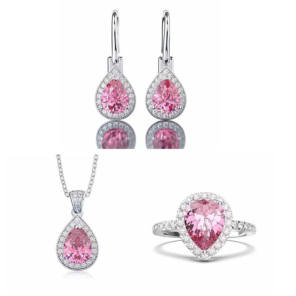 Pink Sapphire Wong Rain, 925 пробы, серебряная груша, капля воды, розовый сапфир, драгоценный камень, крючок, серьги, кольцо, ожерелье, хорошее ювелирное изделие, набор - Цвет камня: Pink Sapphire
