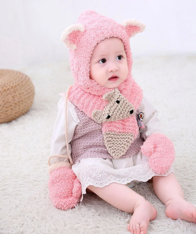 6 months to 3 Years old cartoon fox beanies hats sets wool kids soft winter 3 pcs baby boys girl scarf hat glove set