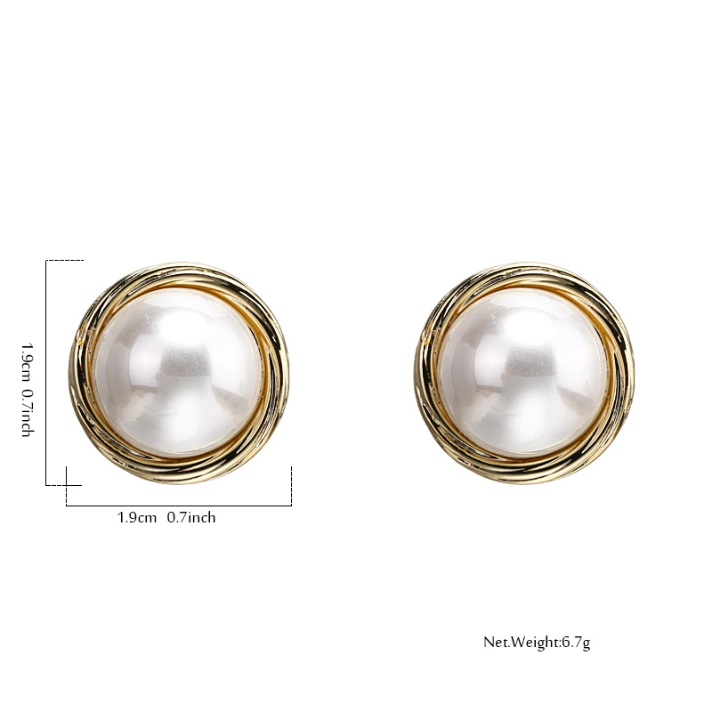Yhpup Stylish Copper Round Geometric Stud Earrings Imitation Shell Pearls Vintage Oorbellen Female Party Jewelry S925 Brincos