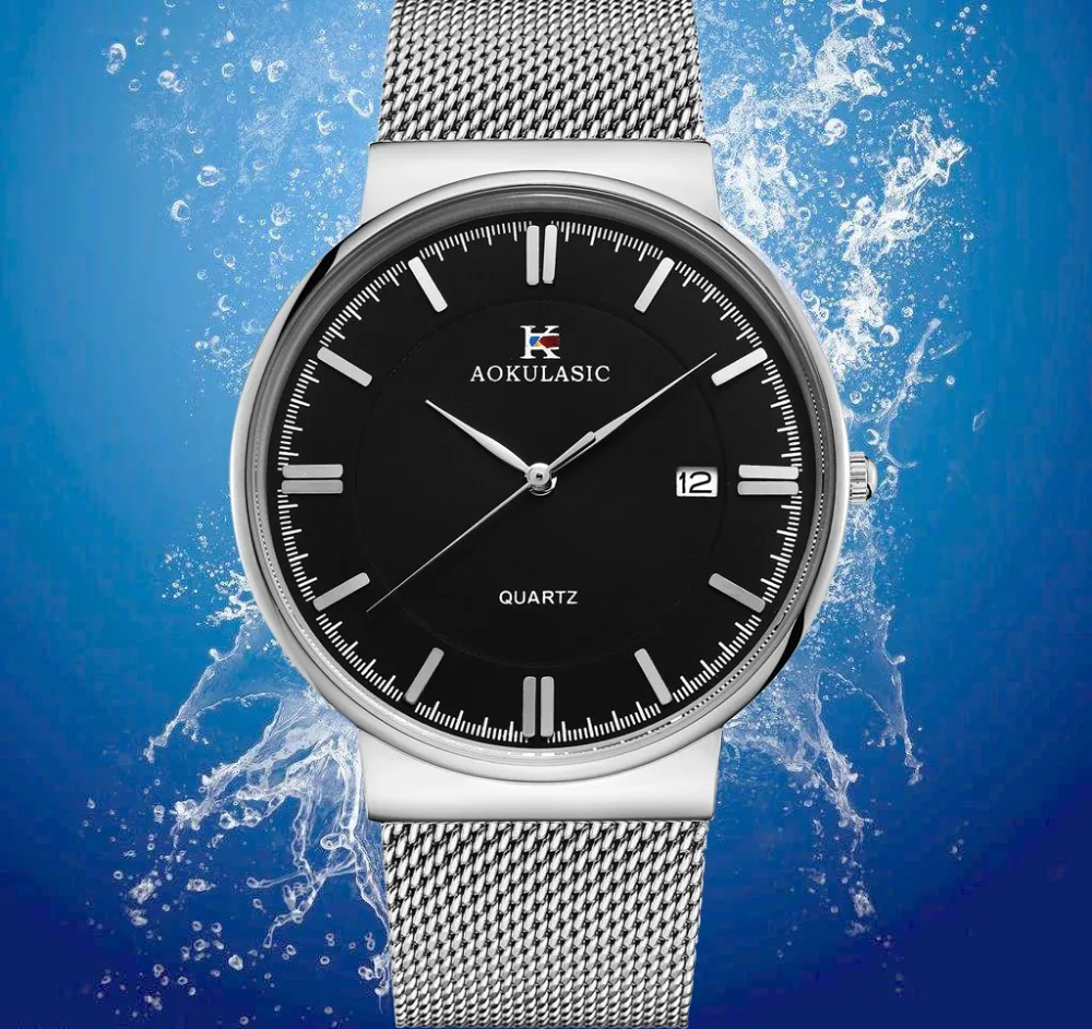 

AOKULASIC Luxury Brand Mens Fashion Fine Mesh Stainless Steel Watch Band Waterproof Quartz Watch Men Sport Watch часы мужские