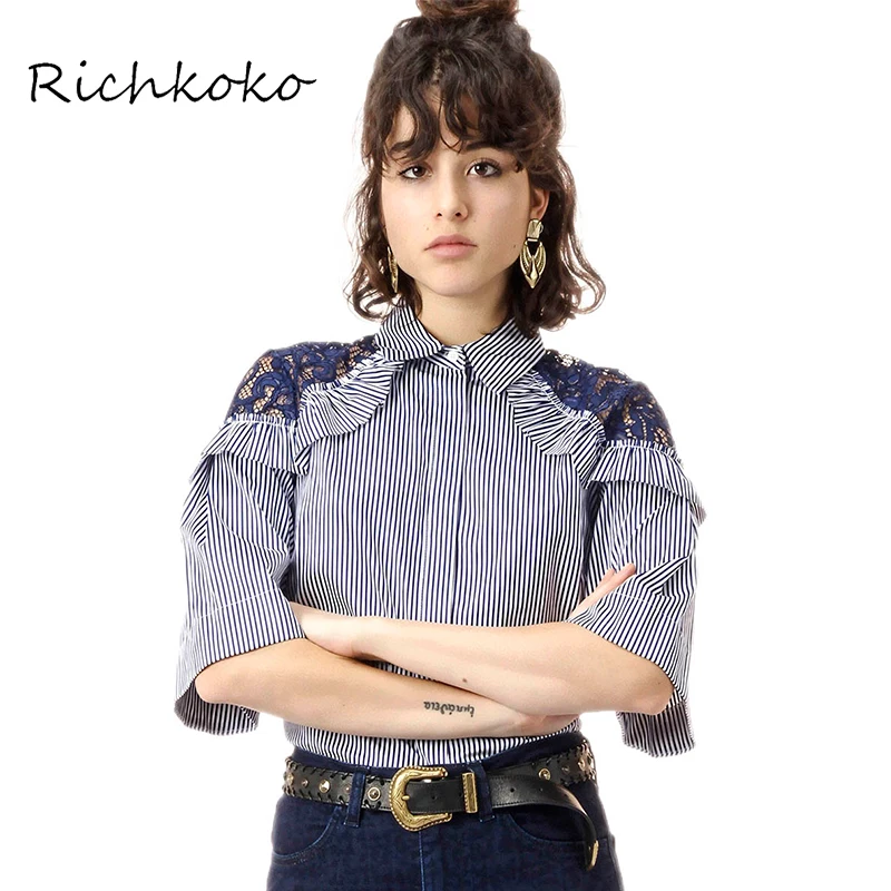Richkoko 2018 сладкий Колледж ветер осенний Цвет полосатый одежды кружева и на