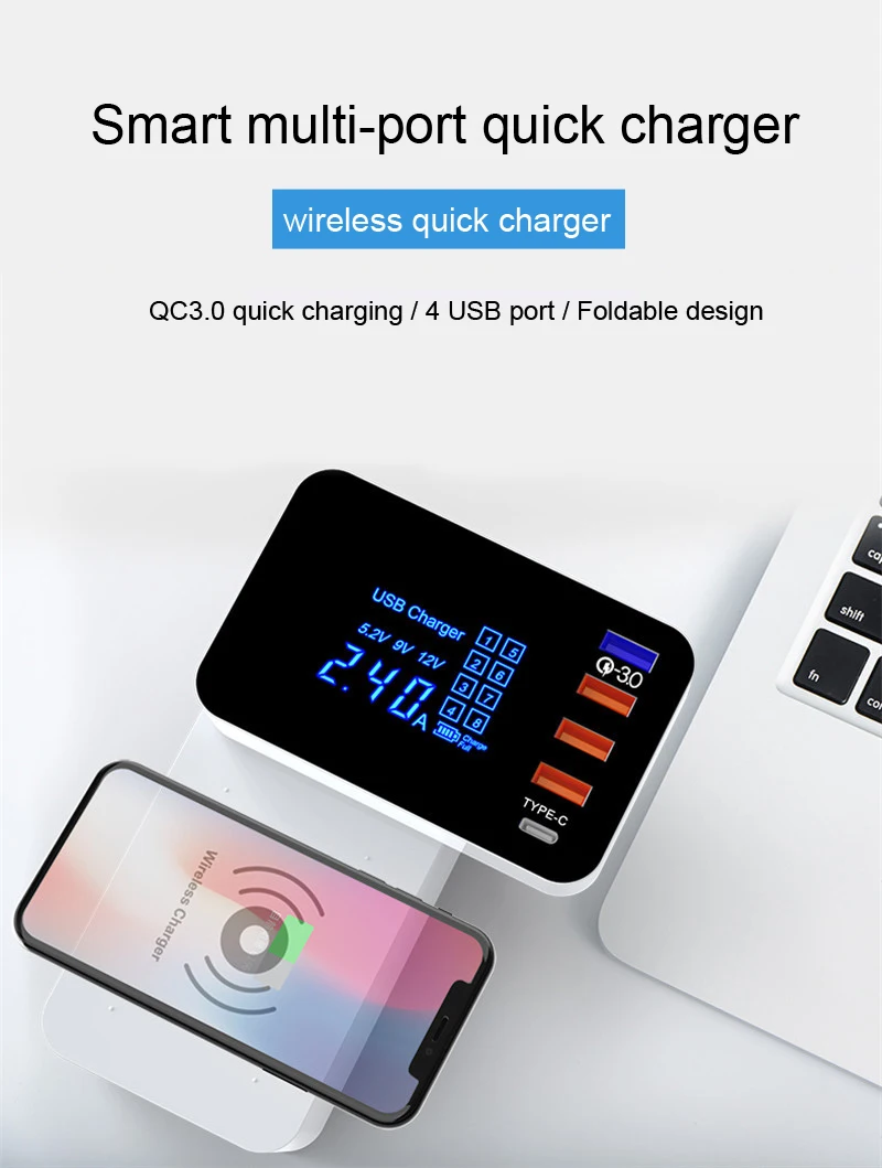 QI Беспроводное зарядное устройство Quick Charge 3,0 Smart usb type C зарядная станция светодиодный дисплей адаптер питания для быстрой зарядки настольное зарядное устройство