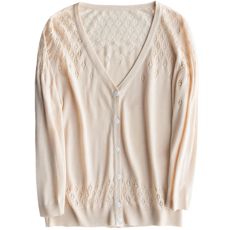 Style Knitted Cardigan Sweater New Fashio Autumn Summer Crochet Sweaters silkn Women Three Qu Sleeve Lace O-Neck Casual |