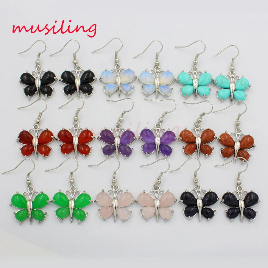 

musiling Jewelry Butterfly Long Drop Earrings Crystal Quartz etc Gem Stone Dangle Earring Charms Jewelry For Women 10Pairs