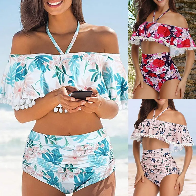 Пикантные Для женщин Высокая талия ретро комплект бикини с цветочным принтом