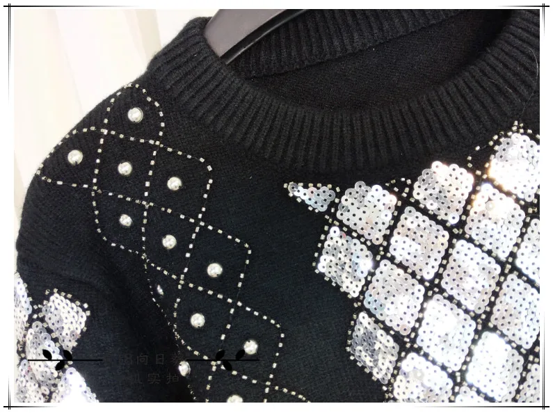 Cakucool Beading Knit Tops Women Long Sleeve O-neck Sequined Sweaters Plaids Embroid Shiny Jumpers Sweater Pullovers Female | Женская