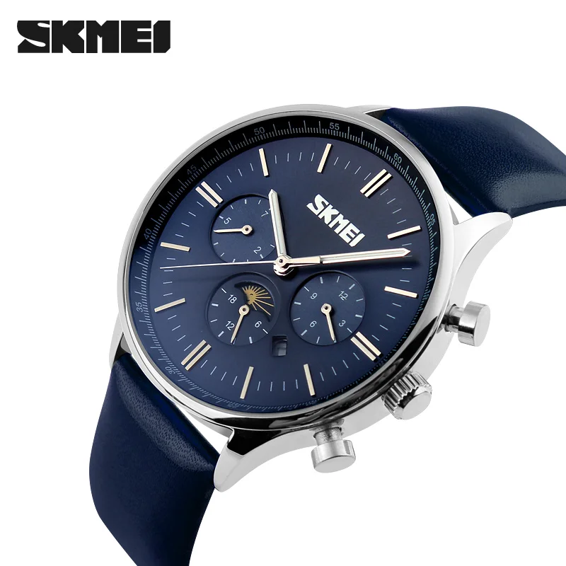 

2019 SKMEI brand New Men's Quartz Watch Moon Phase fashion analog waterproof Business men Wristwatch Leather watches 9117