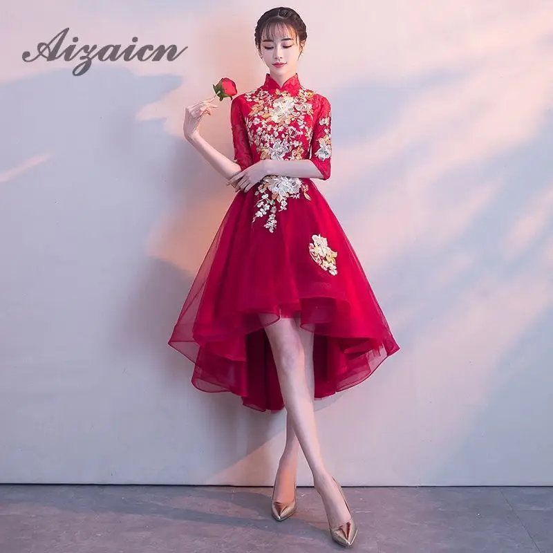 

Lace Asymmetrical Chinese Evening Dress Red Embroidery Bride Traditional Wedding Cheongsam Gowns Oriental Vintage Qipao Elegant